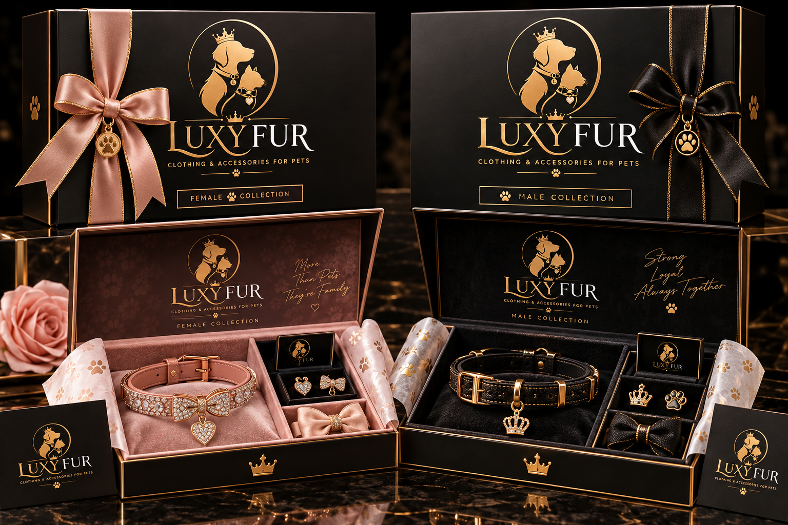 LuxyFur gift collections — female and male collar sets in signature gift boxes