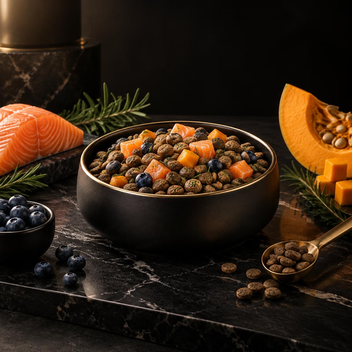 Premium LuxyFur pet food with salmon, pumpkin and blueberries