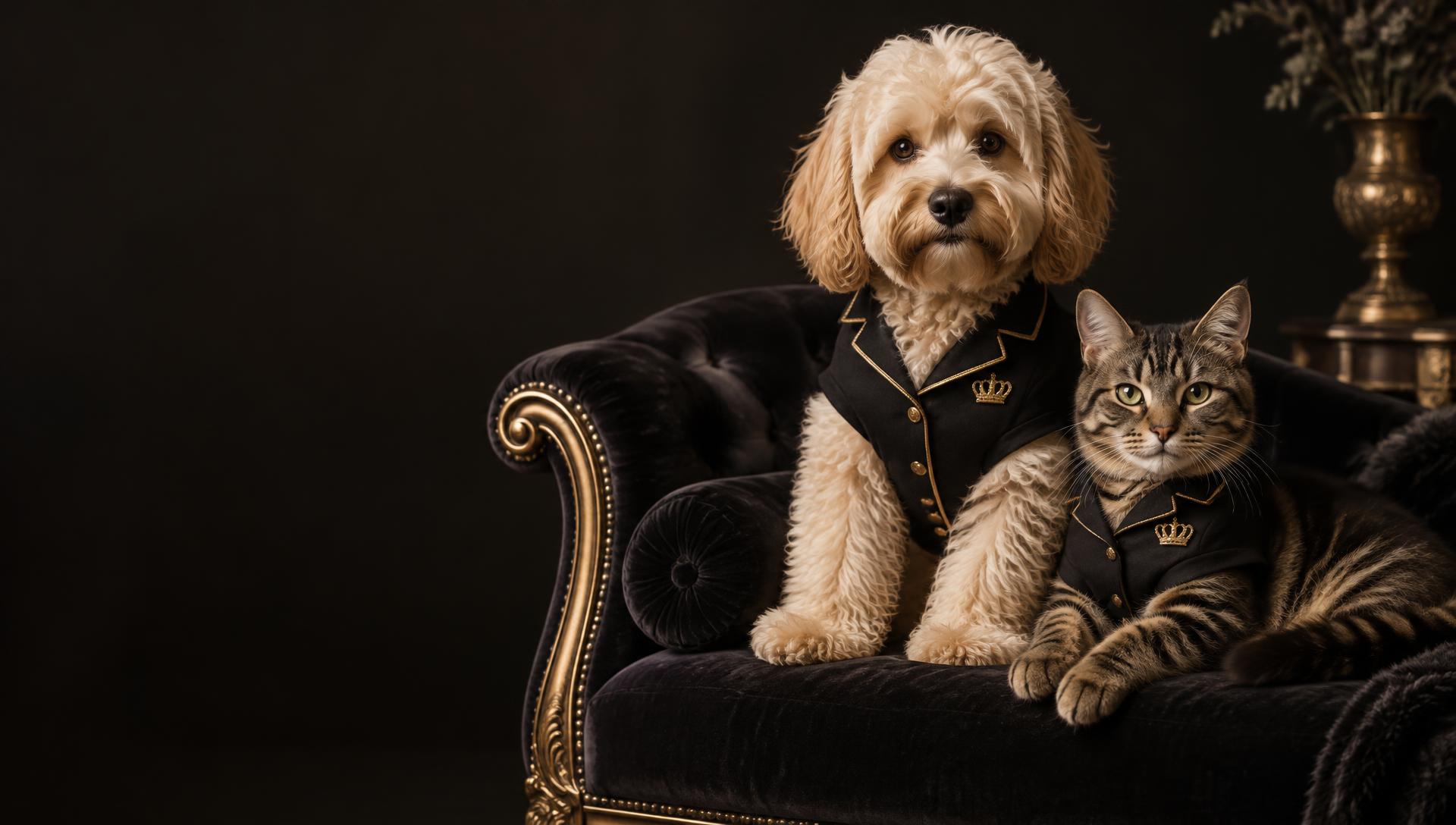 Dog and cat dressed in LuxyFur tailoring